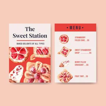 Menu of bakery template design for restaurant and food shop watercolor illust Stock Illustration