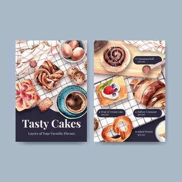Menu of bakery template design for restaurant and food shop watercolor illust Illustrazione stock