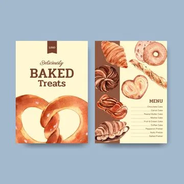 Menu of bakery template design for restaurant and food shop watercolor illust Stock Illustration