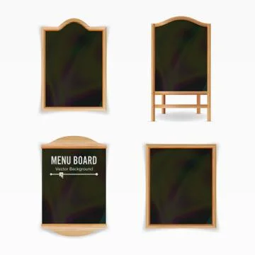 Menu Black Board Vector. Empty Cafe Menu Set. Realistic Wooden Chalkboard Blank Illustrazione stock