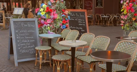 Menu Board, Chairs And Tables In The Restaurant Terrace In Paris, France. Stock Footage 244040081