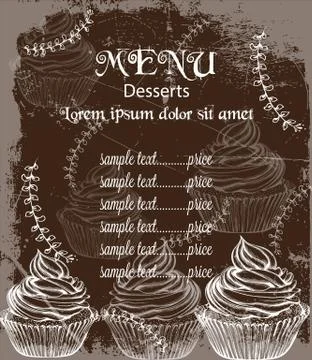 Menu card template drinks and cakes Vector. Fresh coffee, cupcakes, design li Stock Illustration