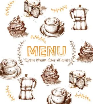 Menu card template drinks and cakes Vector. Fresh coffee, cupcakes, design li Stock Illustration