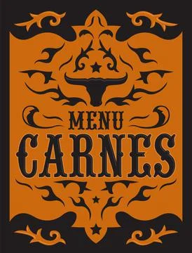 Menu Carnes, Meat Menu spanish text cover design, Barbecue restaurant. Stock Illustration