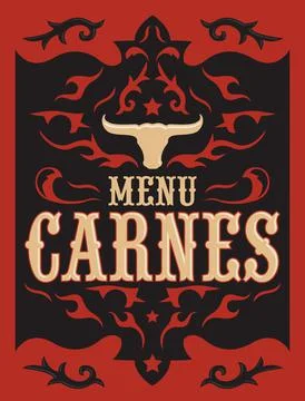 Menu Carnes, Meat Menu spanish text cover design, Barbecue restaurant. Stock Illustration