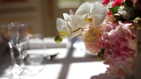 Menu carte empty glasses for wine water and pink flowers bouquet on white table Stock Footage 79969950