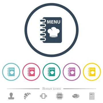 Menu with chef hat flat color icons in round outlines Stock Illustration