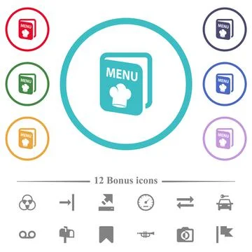 Menu with chef hat flat color icons in circle shape outlines Stock Illustration