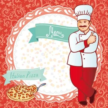 Menu. Chef with pizza. Red background with flowers circle. Vector Stock Illustration