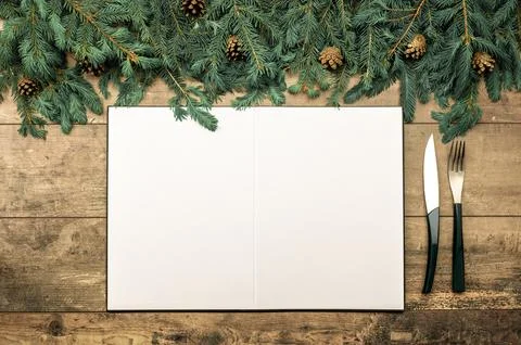 Menu Christmas dinner table. Menu mockup. Christmas rustic mockup. sheet of w Stock Photos