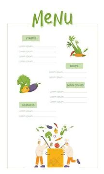 Menu, cooks are cooking vegetable soup on kitchen in restaurant. Funny chef men Stock Illustration