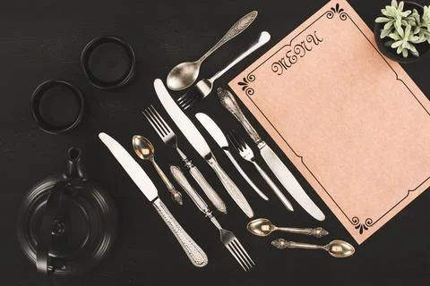 Menu cutlery and tea set Stock Photos