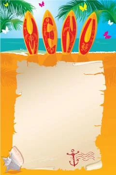 Menu design - surf boards with hand drawn text and parchment 스톡 일러스트