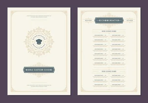 Menu design template with cover and restaurant vintage logo vector brochure. Stock Illustration
