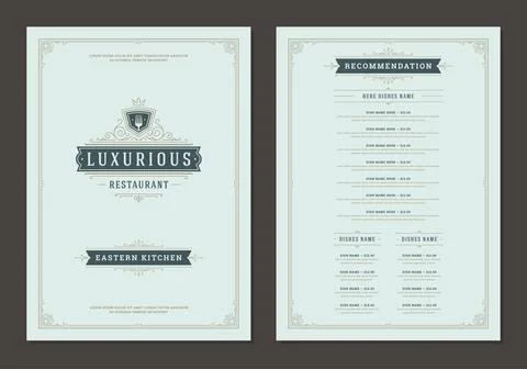 Menu design template with cover and restaurant vintage logo vector brochure. Illustrazione stock