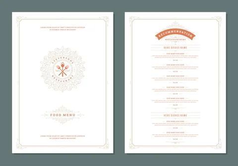 Menu design template with cover and restaurant vintage logo vector brochure. Illustrazione stock