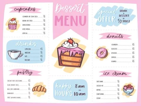 Menu dessert vector cafe design sweet food template chocolate cupcake and ice Stock Illustration