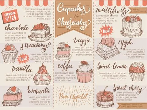 Menu dessert vector cafe design sweet food template chocolate cupcake biscuit Stock Illustration