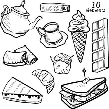 Menu elements in cartoon style: ice cream, muffin, sandwich and more Illustrazione stock