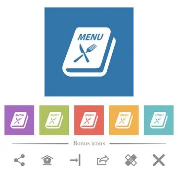 Menu with fork and knife flat white icons in square backgrounds Stock Illustration