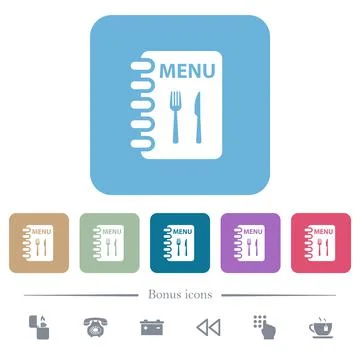 Menu with fork and knife flat icons on color rounded square backgrounds Stock Illustration