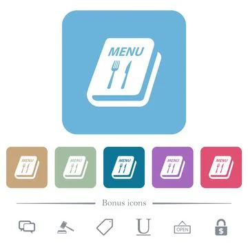 Menu with fork and knife flat icons on color rounded square backgrounds Stock Illustration