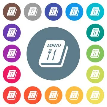 Menu with fork and knife flat white icons on round color backgrounds Stock Illustration