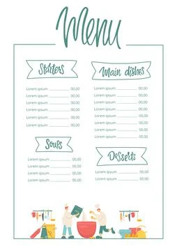 Menu handwritten sign with ribbon - starters, soups, main dishes, desserts and Stock Illustration