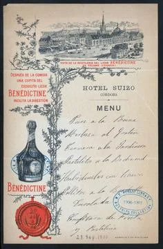 MENU held by SUIZO HOTEL at CORDOBA, ?SPAIN (HOTEL;). Buttolph, Frank, 185... Stock Photos