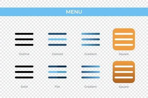 Menu icon in different style. menu vector icons designed in outline, solid,.. Stock Illustration