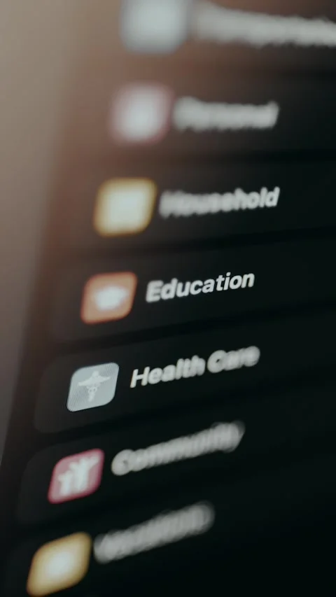 Menu list featuring categorized options Personal, Household, Education,Health Stock Footage 329764550