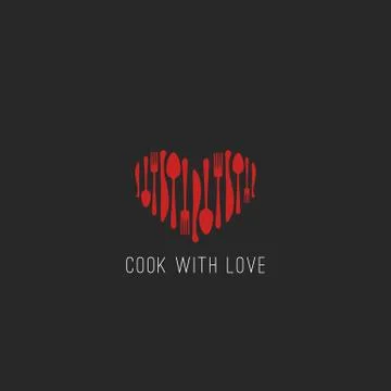 Menu logo restaurant tableware fork, spoon, knife heart shape cafe emblem, co Stock Illustration