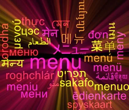 Menu multilanguage wordcloud background concept glowing Stock Illustration