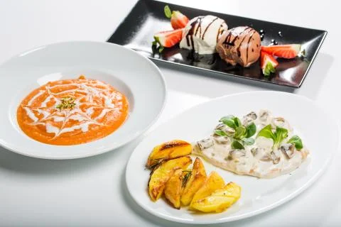 Menu picture of first, second and desert Stock Photos