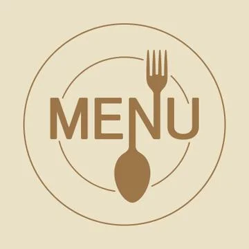 Menu round icon with stylized shape of fork and spoon and dish in gentle beig 스톡 일러스트