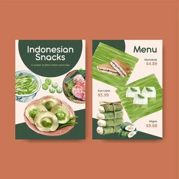 Menu template with Indonesian snack concept watercolor illustration Stock Illustration