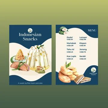 Menu template with Indonesian snack concept watercolor illustration Stock Illustration