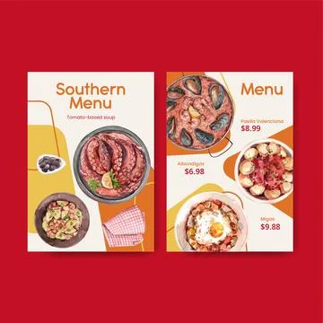 Menu template with Spain cuisine concept design for bisto and restaurant wate Stock Illustration