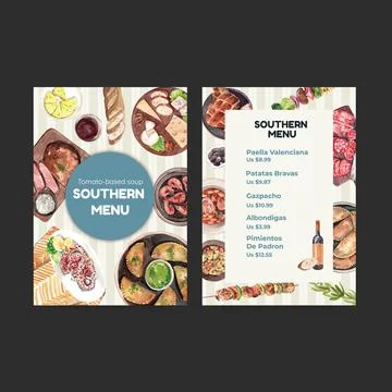 Menu template with Spain cuisine concept design for bisto and restaurant wate Stock Illustration