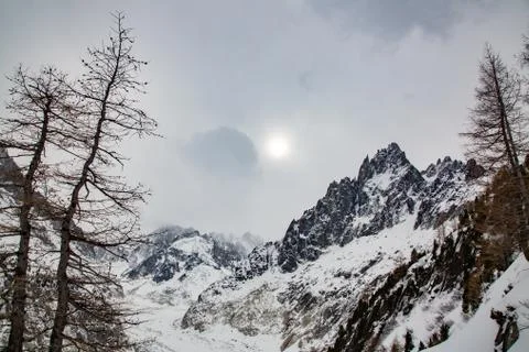 Mer de Glace valley under Mont Blanc massif in French Alsp Stock Photos