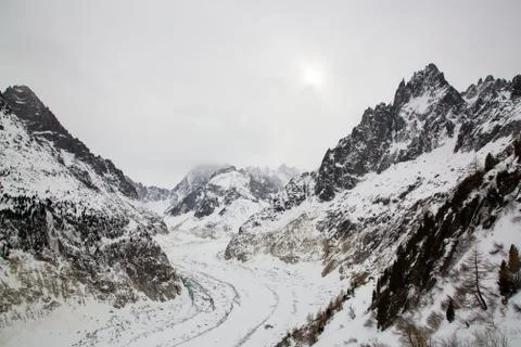 Mer de Glace valley under Mont Blanc massif in French Alsp Stock Photos