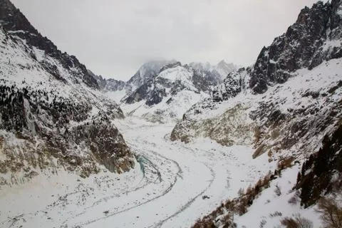 Mer de Glace valley under Mont Blanc massif in French Alsp Stock Photos