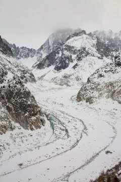Mer de Glace valley under Mont Blanc massif in French Alsp Stock Photos