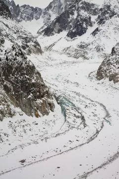 Mer de Glace valley under Mont Blanc massif in French Alsp Stock Photos