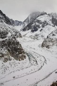 Mer de Glace valley under Mont Blanc massif in French Alsp Stock Photos