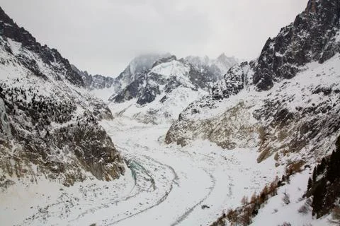Mer de Glace valley under Mont Blanc massif in French Alsp Stock Photos