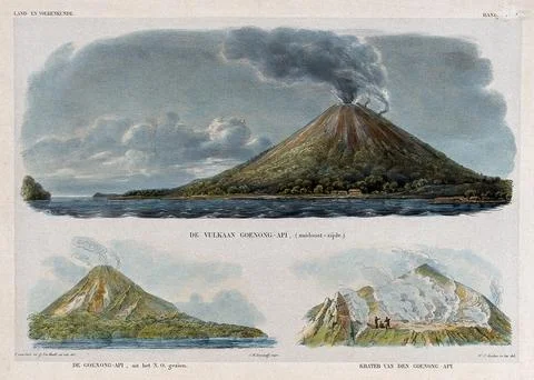 Merapi volcano, Java: three views. Lithographs by W.J. Gordon after P. van .. Stock-Illustration