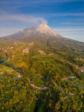 Merapi volcano at sunrise in Indonesia, Active volcano scenery Stock Photos