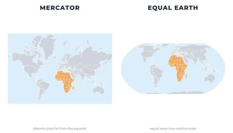 Mercator vs Equal Earth projection comparison, Africa highlighted Stock Illustration