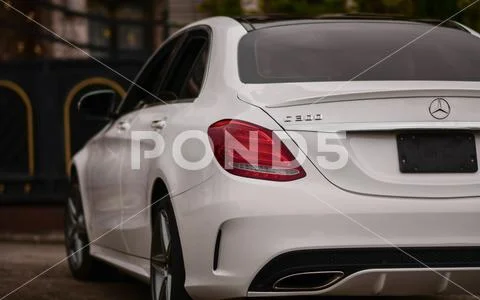 Mercedes-benz c300, mercedes, white car, rear view Stock Photos